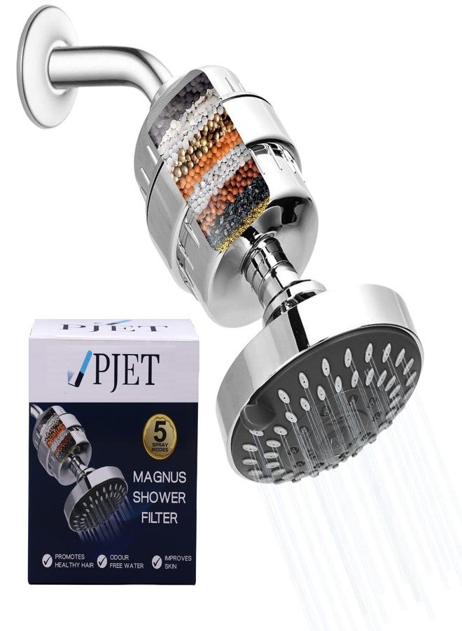 PJET فلتر دش PJet بخمسة أوضاع للماء العسر لإزالة الشعر | دش علوي قابل للتعديل بخمسة أوضاع ضغط عالية | يزيل الكلور والمعادن الثقيلة | فلتر مياه للدش (كروم) - Image 1